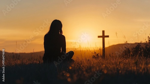 Wallpaper Mural Silhouette of a woman sitting on the grass praying in front of a cross at sunset Torontodigital.ca