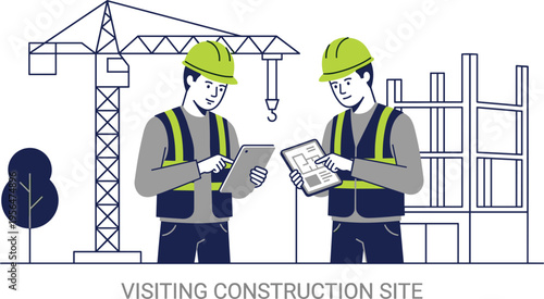 Two civil engineers in safety vests and helmets using tablets to review blueprints at a construction site.