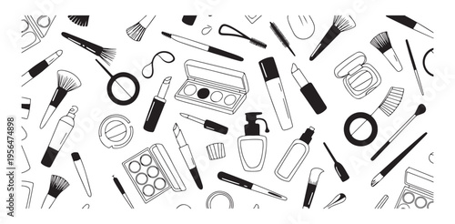 Cosmetic doodle pattern with eyeshadow palettes and professional makeup brushes background