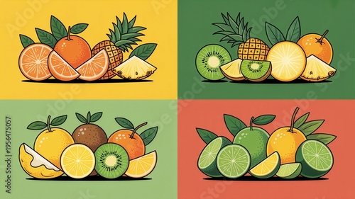 Wallpaper Mural Four colorful illustrations of various fruits including oranges, pineapple, kiwi, and limes on different colored backgrounds, showcasing a vibrant and playful arrangement of sliced and whole fruits Torontodigital.ca