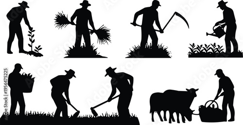 Farmers working silhouettes collection, agricultural activities set, planting harvesting watering livestock care, rural farming lifestyle illustration, manual labor 