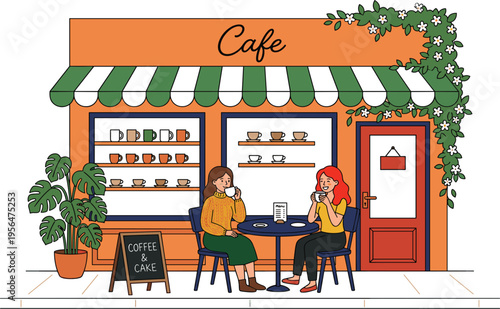 Two women sitting at an outdoor cafe table drinking coffee with a storefront display and green awning.