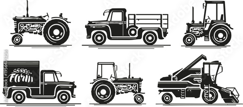 Vintage farm vehicles collection, tractor truck harvester silhouettes, agricultural machinery set, rural transport illustration, classic farming equipment icons, 