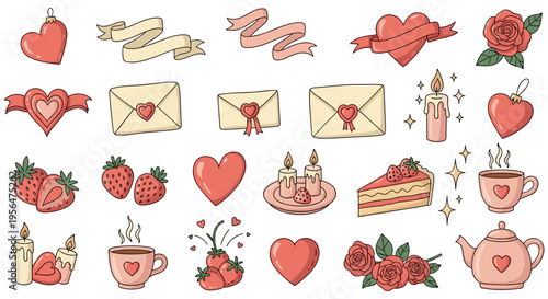 Valentines Day stickers in cute cartoon style with pastel colors on white background for romantic social media posts