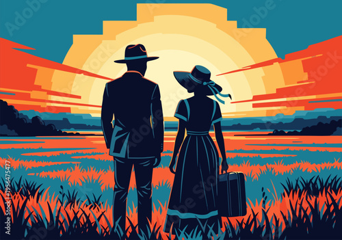 Vector illustration of a couple in vintage attire looking at a vibrant sunset over a tranquil landscape while holding a suitcase, capturing a moment of anticipation and journey
