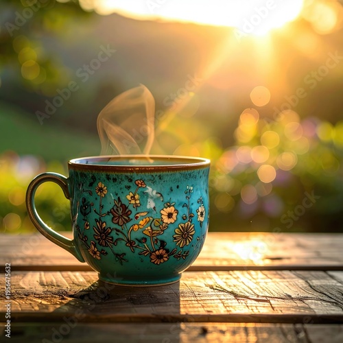Steaming turquoise mug with floral design sits on rustic wooden table, sunrise