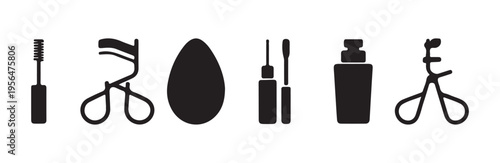 Eyelash curler makeup sponge and liquid foundation bottle silhouettes for beauty salon design