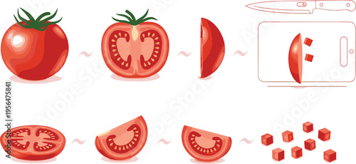 Tomato cutting process set with slicing steps cubes preparation kitchen food ingredient vector illustration design