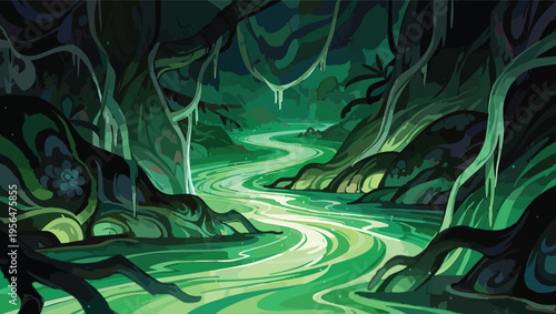 Lush Green River Winding Through a Dark, Overgrown Jungle Cave nature water.