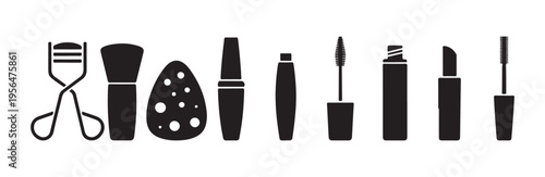 Eyelash curler makeup sponge mascara and lipstick icons in flat black silhouette style vector