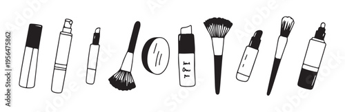 Collection of hand drawn cosmetic makeup products and beauty tools isolated on white background