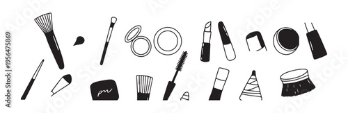 Assortment of doodle style beauty items including makeup brushes lipstick and various cosmetic containers