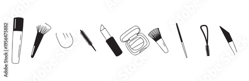 Line art collection of various makeup items including mascara lipstick brushes and powder compacts