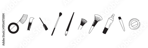 Set of doodle makeup products featuring brushes foundation bottle lipstick and powder compact sketch