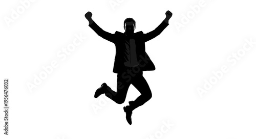 Black silhouette of happy businessman jumping in the air celebrating success isolated on white background