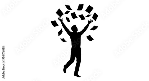 Black silhouette of a businessman throwing papers in the air celebrating success isolated on white background