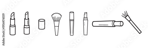 Makeup tools and cosmetics line icons lipstick mascara brush and liner on white