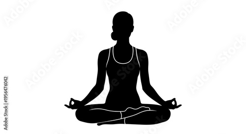 Black silhouette of a woman in lotus position practicing yoga and meditation isolated on white background