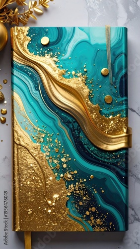 Teal and gold notebook with marbled design on marble surface