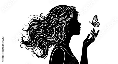 Black silhouette of a woman with long flowing hair and a butterfly isolated on white background