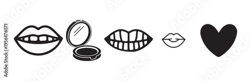 Cosmetic beauty vector icons set with lips makeup mirror and heart black silhouettes on white