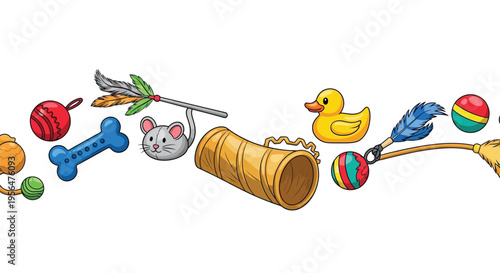 Cat Toys Border Illustration with Feather and Mouse