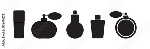 Set of five perfume bottle silhouettes isolated on white background with different sprayers