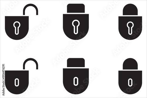 Padlock icon set. Open and closed padlocks. Locked and unlocked icons. Security symbols. White background.