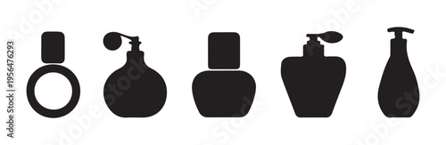 Set of five different elegant perfume bottles featuring spray tops and classic shapes
