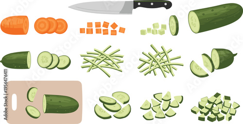 Vegetable cutting process set with cucumber and carrot slicing chopping kitchen preparation steps food vector illustration design