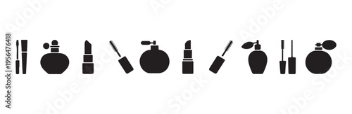 Beauty icons set vector with mascara lipstick and perfume bottles in various styles
