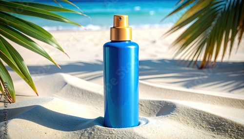 Blue spray bottle on sun-kissed sand with palm leaves and ocean view