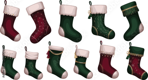 Elegant Christmas stockings collection with vintage patterns decorative festive socks set winter holiday home decor vector illustration design