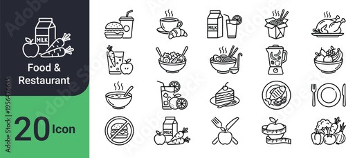 Food and restaurant icons set 20 essential illustrations for culinary businesses and recipes
