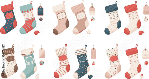 Cute Christmas stockings collection with labels tags ornaments festive holiday socks set winter decoration vector illustration design