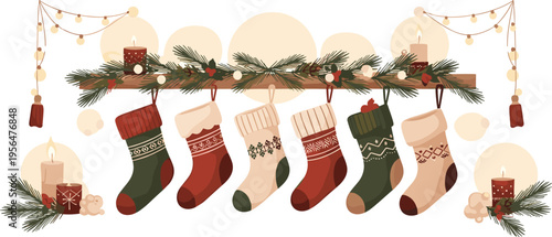 Christmas stockings hanging on garland with candles lights festive winter holiday decoration cozy scene vector illustration design