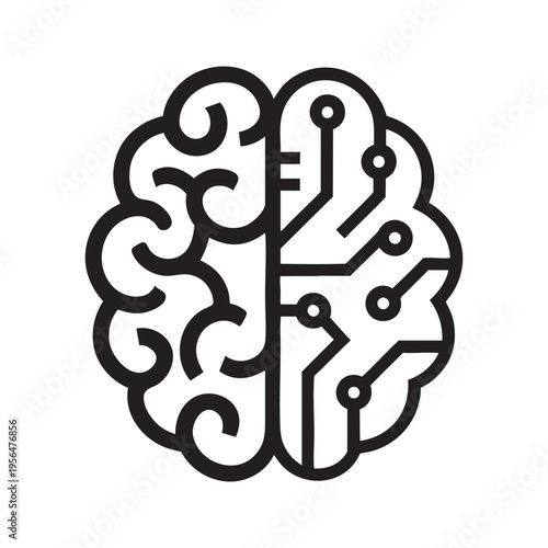 Human brain icon with creative abstract shapes on left hemisphere and digital circuit board on right hemisphere, isolated on white background