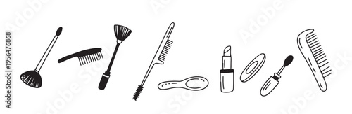 Makeup and hair tool sketches set featuring combs brushes and lipstick for beauty salon art