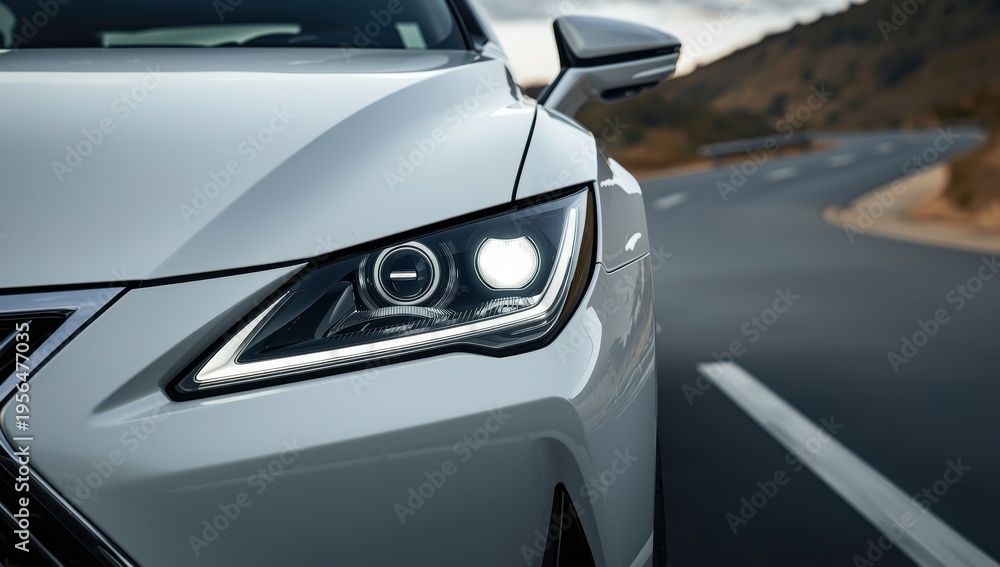 Fototapeta premium Close-up of a white car's headlight, cropped image related to car production and sales.