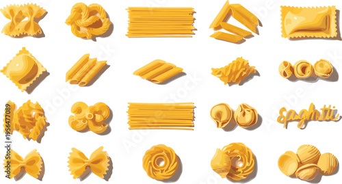 Italian pasta types collection with spaghetti penne farfalle fusilli ravioli varieties set traditional food vector illustration design