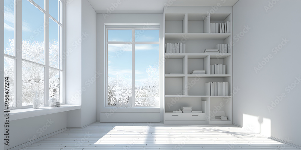 Fototapeta premium A bright, minimalist interior with large windows, showcasing a winter landscape and built-in bookshelves. Natural light floods the space