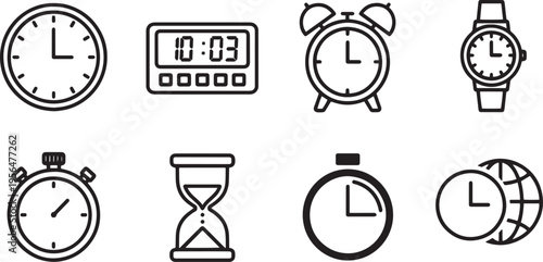 A set of vector line art silhouettes featuring various timekeeping devices and clocks in a simple design