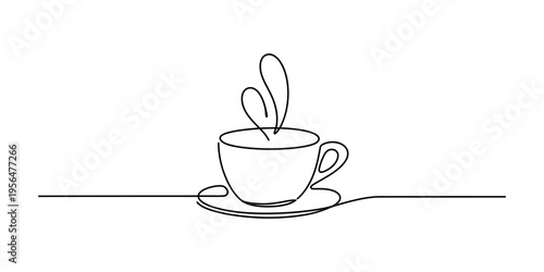 Minimalist continuous line art of a hot coffee cup with steam on a saucer background Vector, illustration