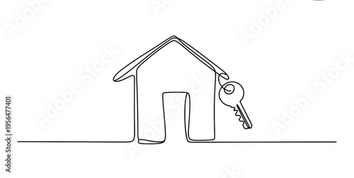 Continuous line drawing of a house silhouette with a key hanging from the roofline on white. Vector, illustration