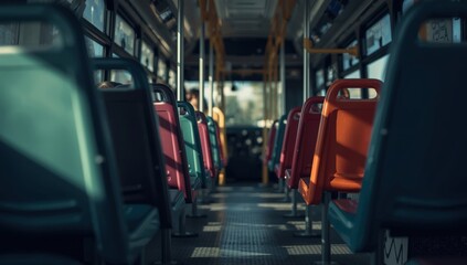 Plastic seat backs within an empty city tram, trolleybus, or bus. Interior perspective. Selective focus. Limited sharp area. Daylight.