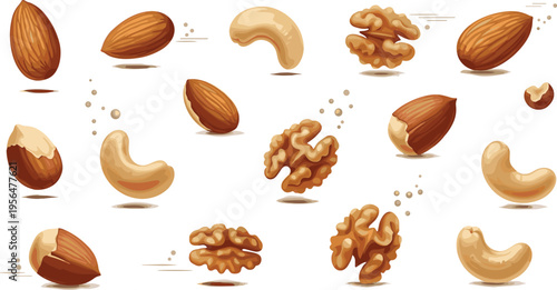 Flying nuts collection with almonds cashews walnuts dynamic motion healthy snack food set vector illustration design