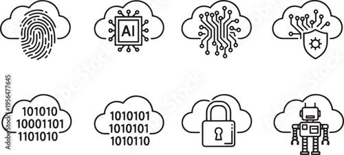 A set of vector line art silhouettes depicting cloud computing and cybersecurity concepts in a simple bundle