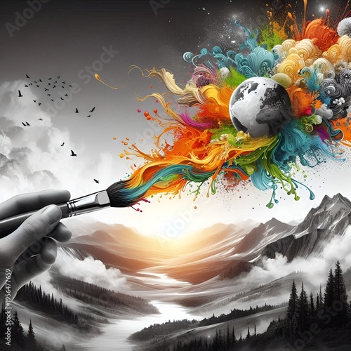 Creative paintbrush spreading vibrant colors across a monochrome landscape, symbolizing imagination, artistic expression, and creativity in celebration of World Art Day 