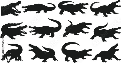 Crocodile Silhouette Set with Aggressive Reptile Poses, Open Jaws, Swamp Predator Shapes, and Black Wildlife Vector Illustrations