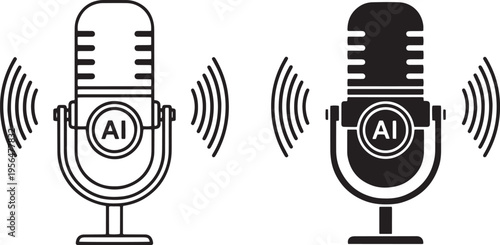 A set of vector line art microphones with AI technology in silhouette style for modern audio applications